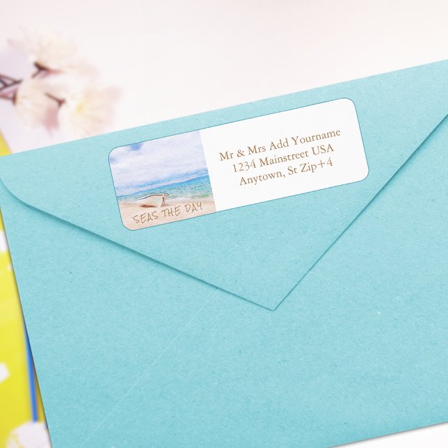 Étiquette Aquarelle Mer Le Jour Plage Bateau De Pêche (Créateur téléchargé)