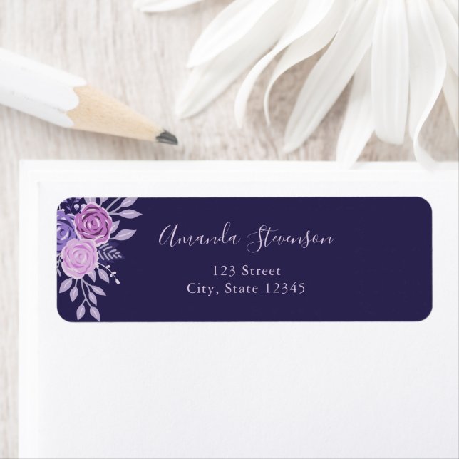 Étiquette Aquarelle motif floral violet et rose (En situation)