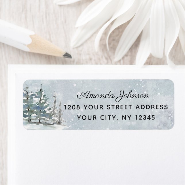 Étiquette Aquarelle neigeuse Fir Trees en hiver (En situation)