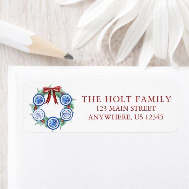 Étiquette Aquarelle Noël Chinoiserie Plaques Wreath (En situation)