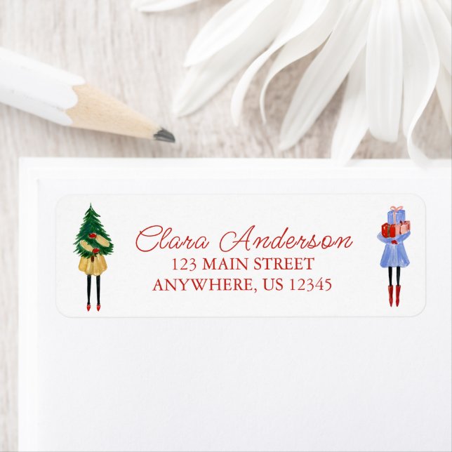Étiquette Aquarelle Noël Fashion Girls Adresse de retour (En situation)