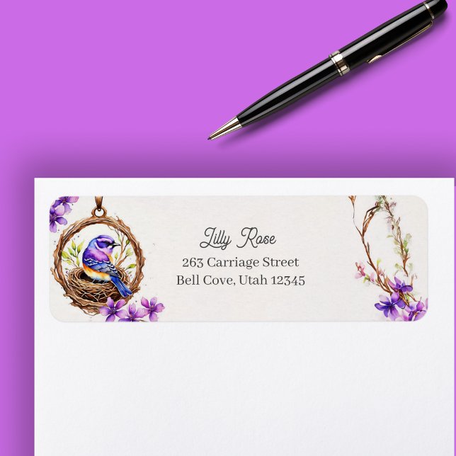 Étiquette Aquarelle numérique Délicat Oiseau bleu dans le ni (Créateur téléchargé)