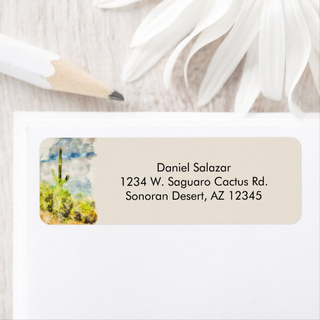 Étiquette Aquarelle numérique du désert de Saguaro Cactus (En situation)