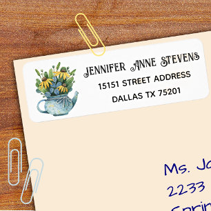 Étiquette Aquarelle or Conflowers en théière, Adresse