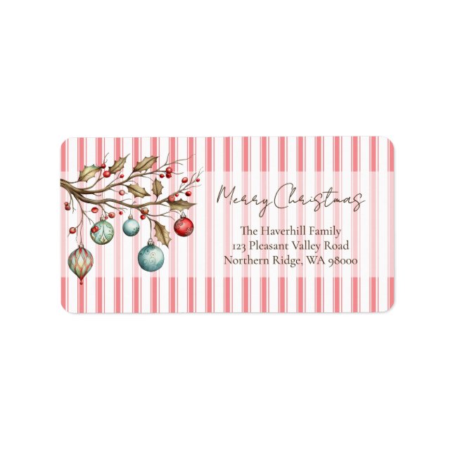Étiquette Aquarelle Ornements de Noël Pink Stripes (Devant)