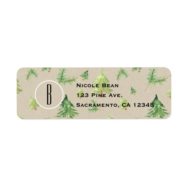 Étiquette Aquarelle Pins Kraft & Blanc Mariage Rustique (Devant)