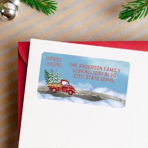 Étiquette Aquarelle Plaid Camion Rouge Neige Joyeux Noël