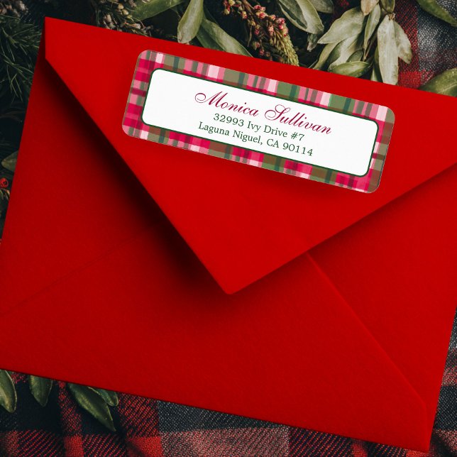 Étiquette Aquarelle Plaid Noël PERSONNALISÉ Adresse de retou (Watercolor Plaid Christmas Holiday red Green Elegant Chic CUSTOM Return Address Label
)
