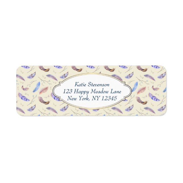 Étiquette Aquarelle Plumes Feuilles et Branches Motif (Devant)