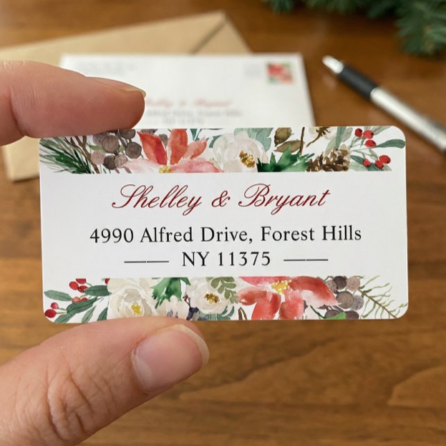 Étiquette Aquarelle Poinsettia Holly Berry Floral d'ivoire (Créateur téléchargé)