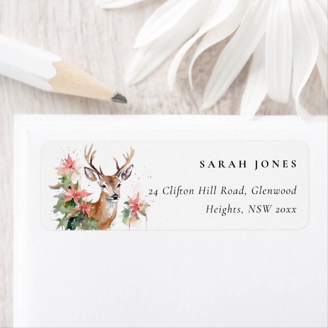 Étiquette Aquarelle Reindeer Poinsettia Adresse de Noël (En situation)