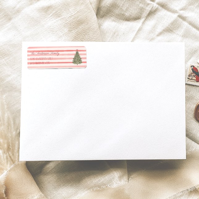 Étiquette Aquarelle rétro Red Stripes Arbre de Noël (Créateur téléchargé)