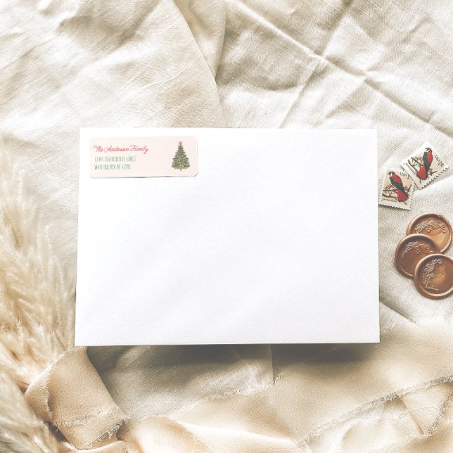 Étiquette Aquarelle rétro Rouge Vert sapin de Noël (Créateur téléchargé)