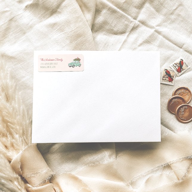 Étiquette Aquarelle Retro Vert Joyeux Noël Arbre de voiture (Créateur téléchargé)