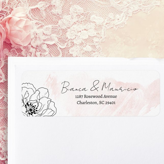 Étiquette Aquarelle rose avec adresse de retour florale noir (Blush Watercolor with Black Floral Return Address Label)