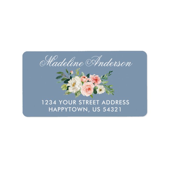 Étiquette Aquarelle rose Floral Dusty Blue Adresse de retour (Devant)
