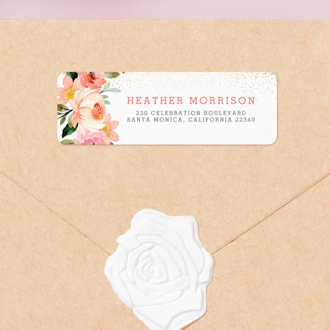 Étiquette Aquarelle rose rose moderne Floral & Or (Return Address Label Mock-up)