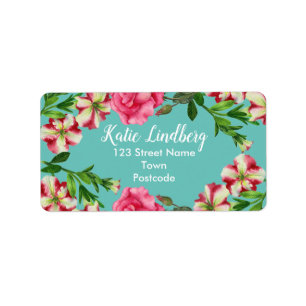 Étiquette Aquarelle Rouge et rose Floral Turquoise Retour