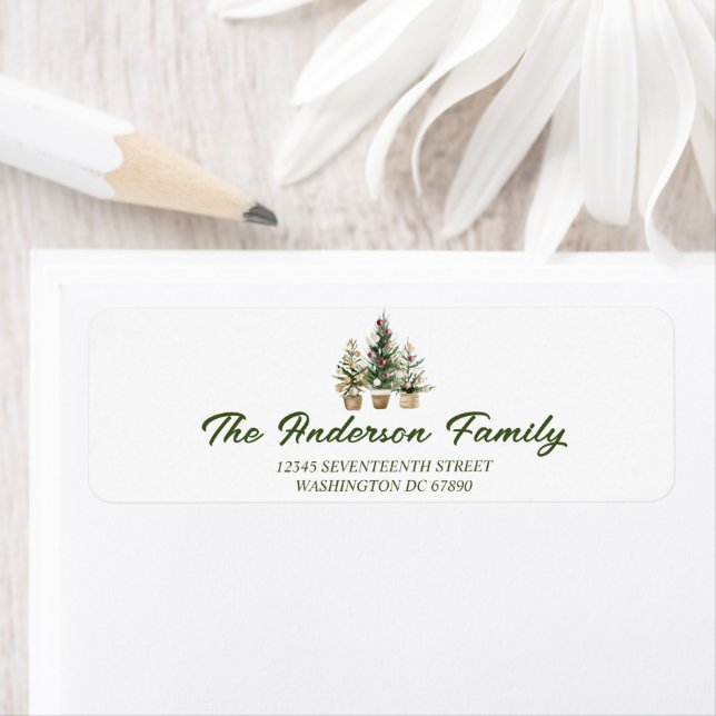 Étiquette Aquarelle Rouge Ornements Arbres Joyeux Noël (En situation)