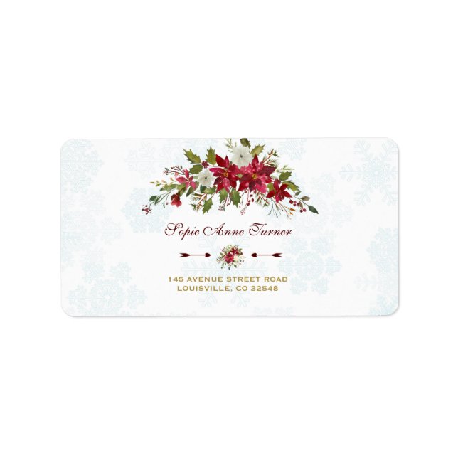 Étiquette Aquarelle Rouge Poinsettia Snowflakes Mariage (Devant)