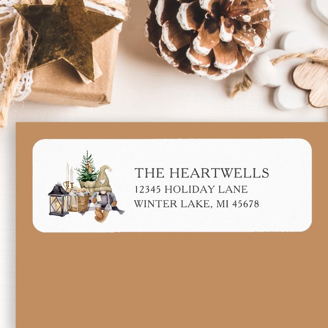 Étiquette Aquarelle Rustique Gnome Noël Adresse de retour (Créateur téléchargé)