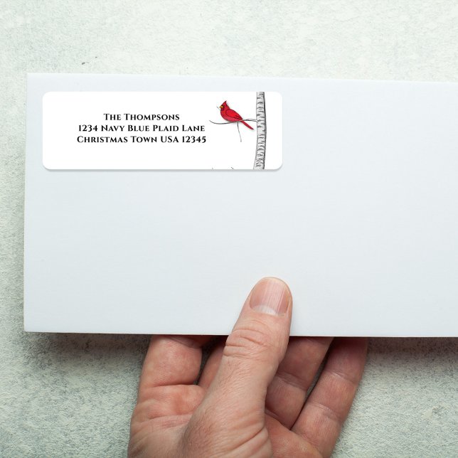 Étiquette Aquarelle simple classique hiver cardinal rouge (Simple winter red cardinal and birch tree return address label. )