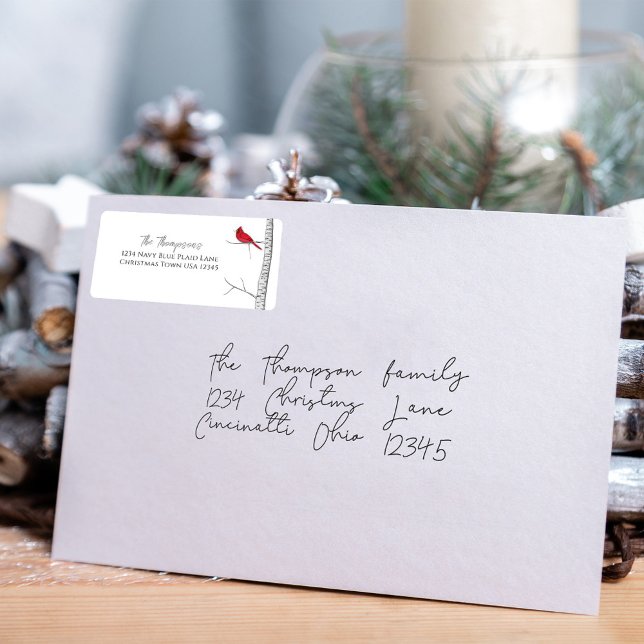 Étiquette Aquarelle simple classique hiver cardinal rouge (Simple winter red cardinal and birch tree return address label. )