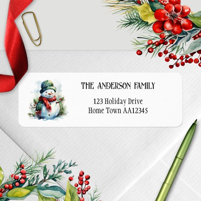 Étiquette Aquarelle Snowman Adresse de retour (Christmas return address label featuring a minimalist design with a watercolor snowman)
