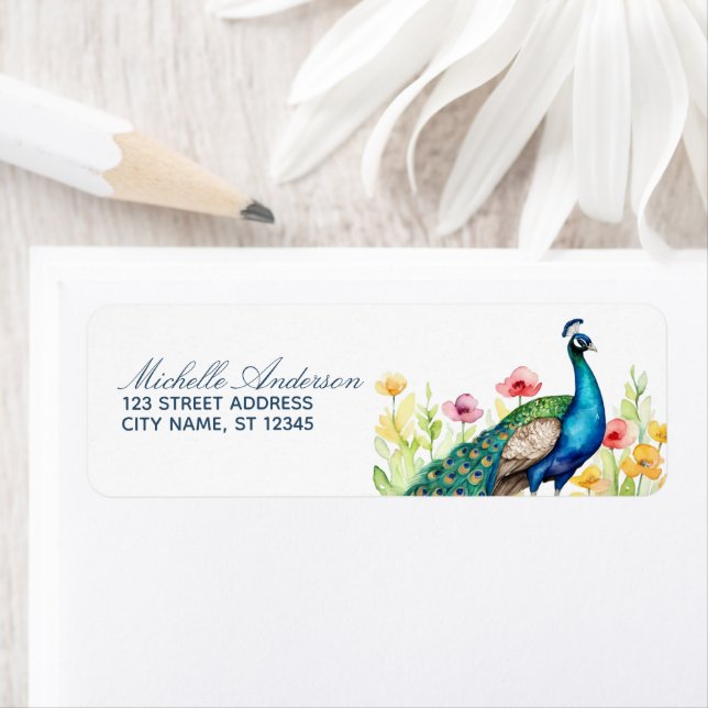 Étiquette Aquarelle tendance Pacock Fleurs retour Adresse (En situation)
