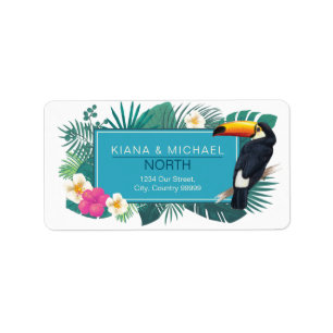 Étiquette Aquarelle Tropical avec Mariage Toucan ID Turquois