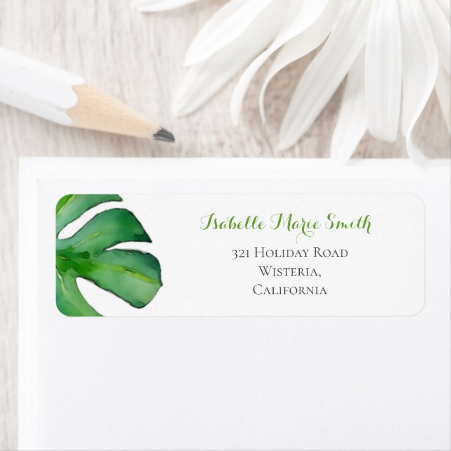 Étiquette Aquarelle Tropicale Vert Monstère Mariage feuille (En situation)