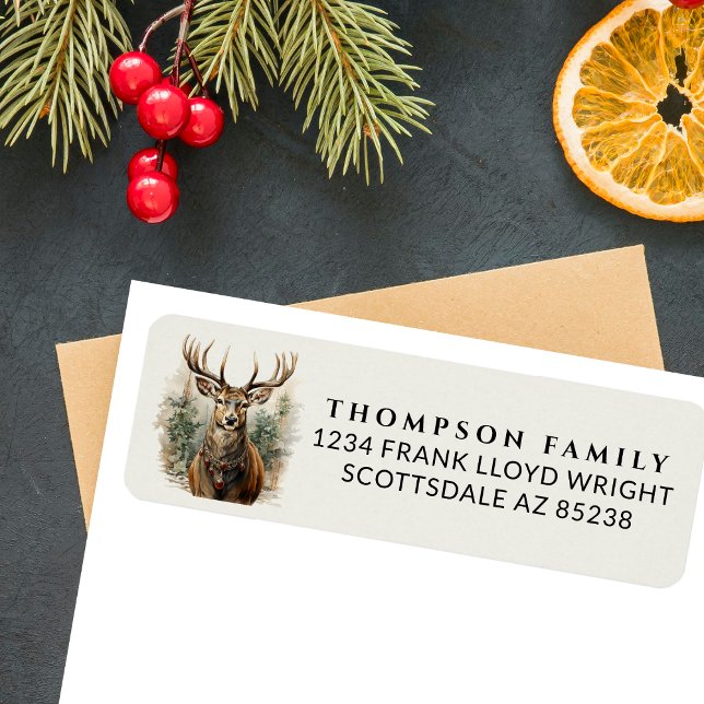Étiquette Aquarelle vintage Cerf Noël Adresse de retour (Créateur téléchargé)