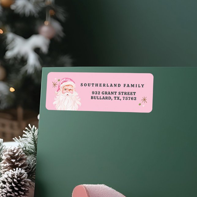 Étiquette Aquarelle Vintage rétro Merry & Rose Santa Claus (Retro Vintage Merry & Pink Watercolor Santa Claus Label)