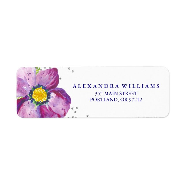 Étiquette Aquarelle violette Fleur d'anémone Parties scintil (Devant)