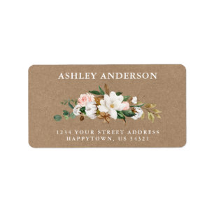 Étiquette Aquarelle White Magnolias Roses Kraft Adresse