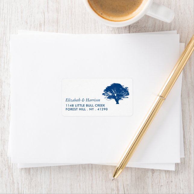 Étiquette Arbre de chêne bleu, mariage rustique et minimalis (En situation)