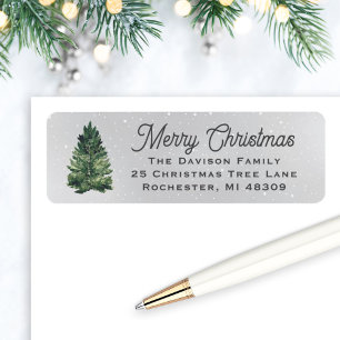 Étiquette Arbre de Noël à l'aquarelle Adresse de retour gris