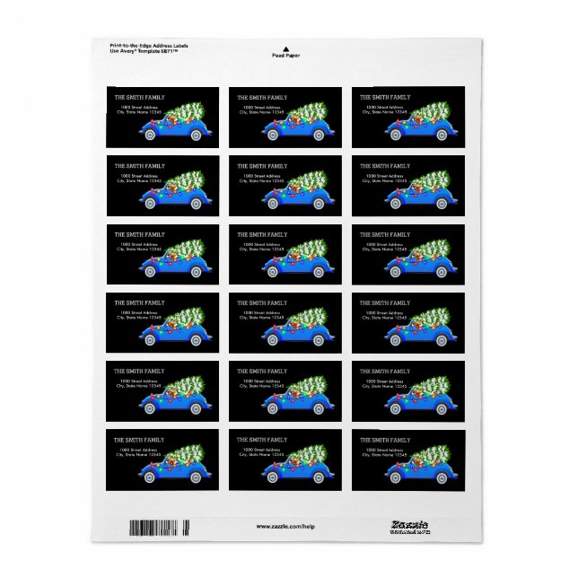 Étiquette Arbre de Noël avec Arrière - plan noir voiture (Feuille entière)