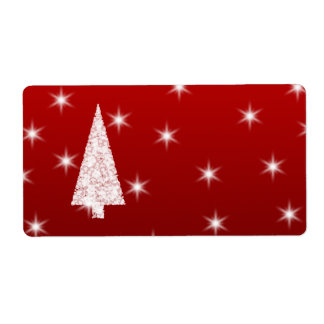 Étiquette Arbre de Noël blanc avec étoiles en rouge.