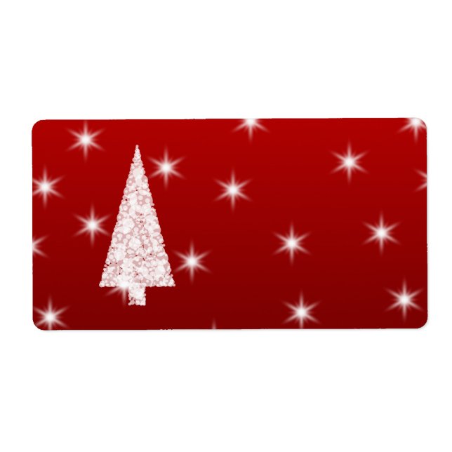 Étiquette Arbre de Noël blanc avec étoiles en rouge. (Devant)