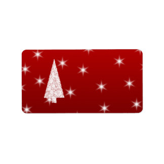 Étiquette Arbre de Noël blanc avec étoiles en rouge.