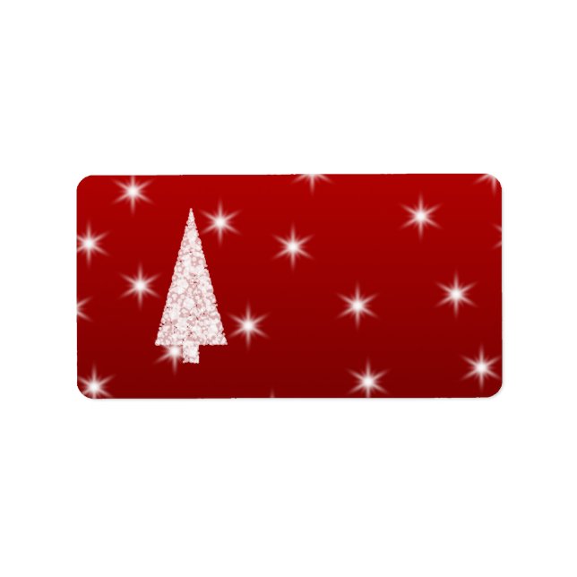 Étiquette Arbre de Noël blanc avec étoiles en rouge. (Devant)