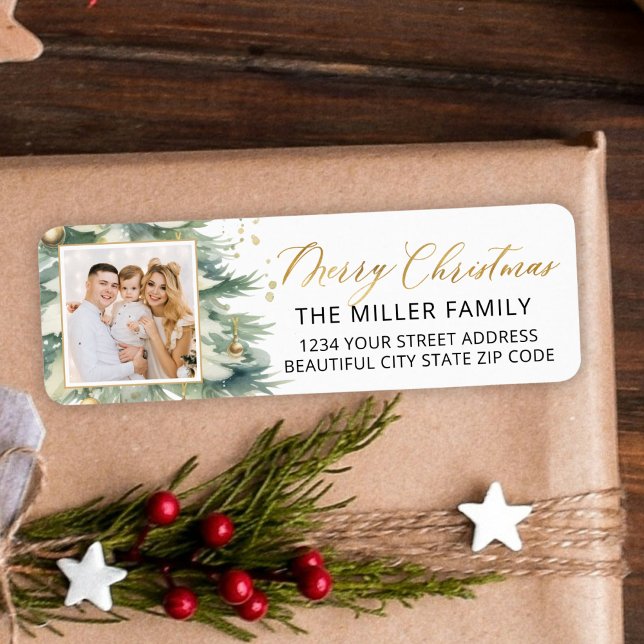 Étiquette Arbre de Noël Gold Script Photo Retour (Créateur téléchargé)