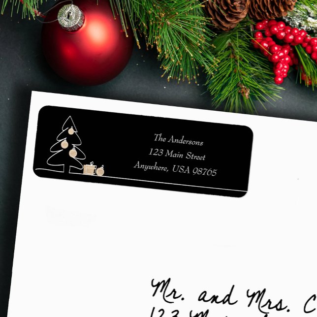 Étiquette Arbre de Noël le plus joyeux sur noir (Merriest Christmas tree on black return address labels)