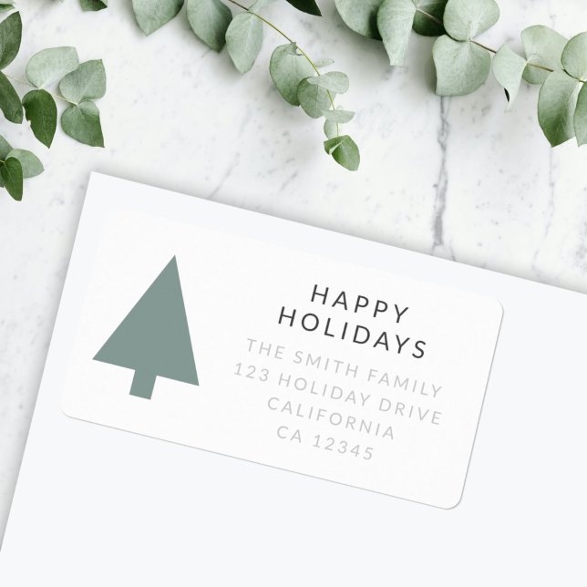 Étiquette Arbre de Noël minimal | Sage Green Adresse de reto (Minimalist sage green Christmas tree address label by Guava for your holiday mail)