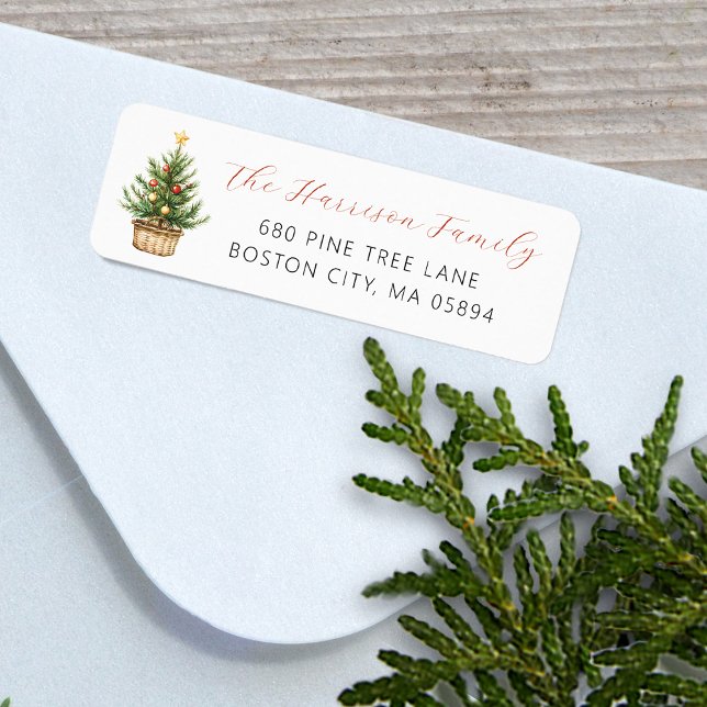 Étiquette Arbre de Noël Rustique Dans Un Panier Adresse (Rustic Christmas Tree In Basket Address Label)