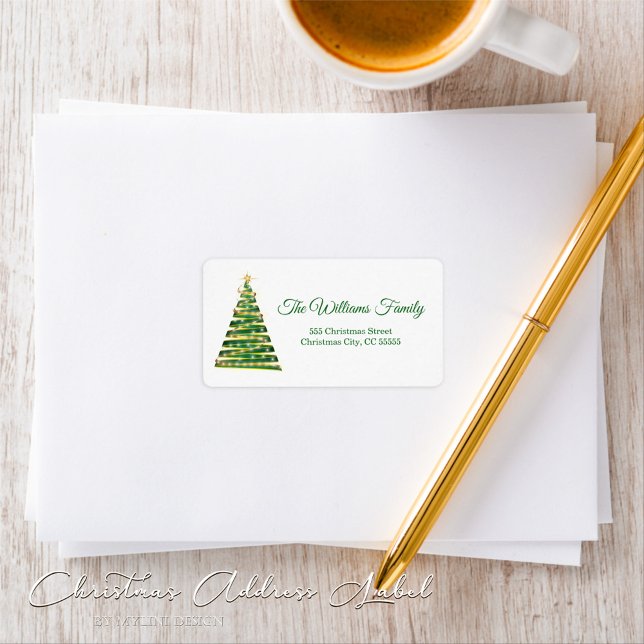 Étiquette Arbre de Noël Vert Adresse Simple Or (Créateur téléchargé)