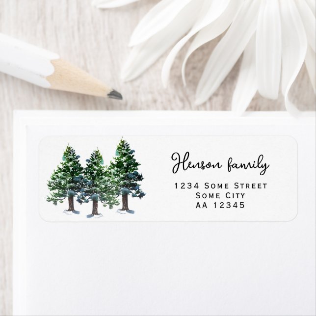 Étiquette Arbre de pin avec Aquarelle de neige Adresse de re (En situation)