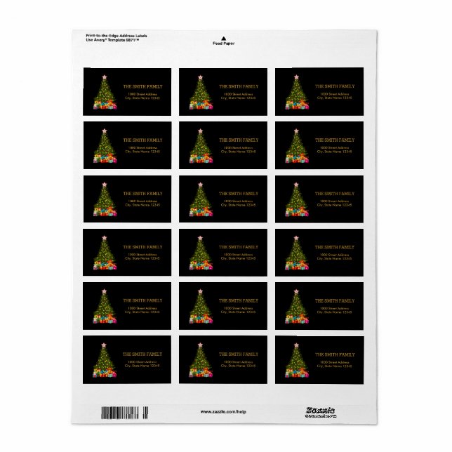 Étiquette Arbre d'or de Noël avec Arrière - plan noir (Feuille entière)