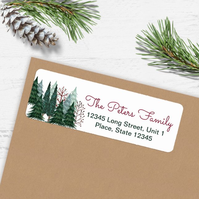 Étiquette Arbres de pin verts rustiques | Noël de vacances (Rustic Green Pine Trees | Holiday Christmas Label)
